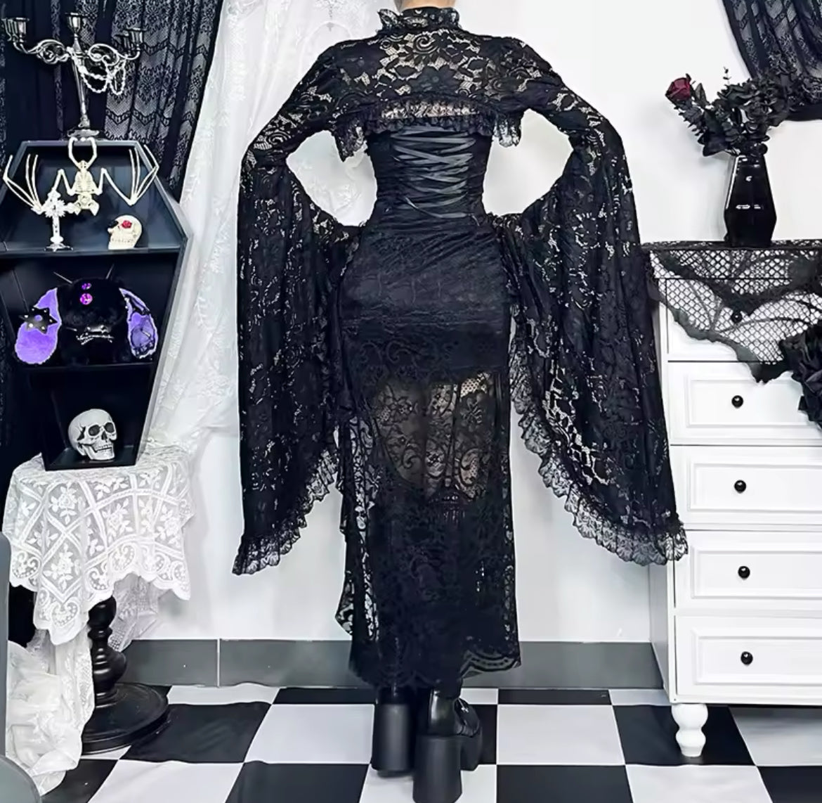 Dark Enchantress Gothic Lace Dress & Bell Sleeve Shawl “Vintage-Inspired Elegance”