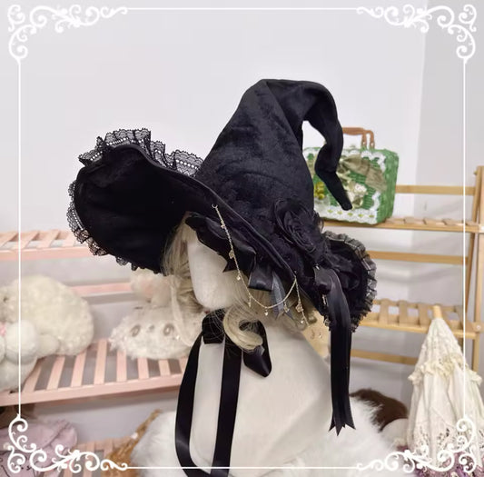 “Victorian Rose Lolita Witch Hat – Handmade with Lace and Satin Roses” Stunning Magickal