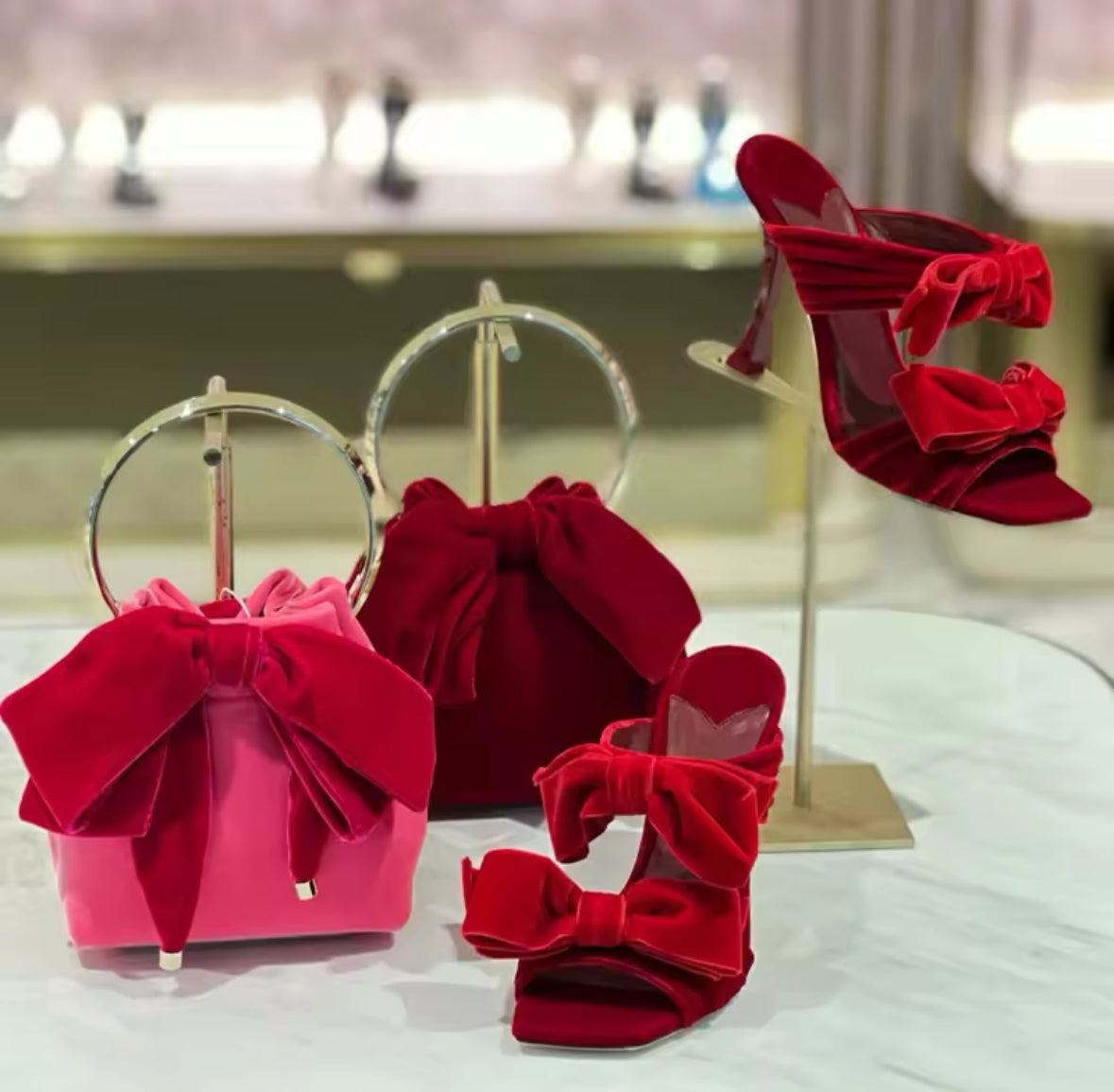 Velvet Bow Heels Square Toe Sandals – Black, Pink, Red