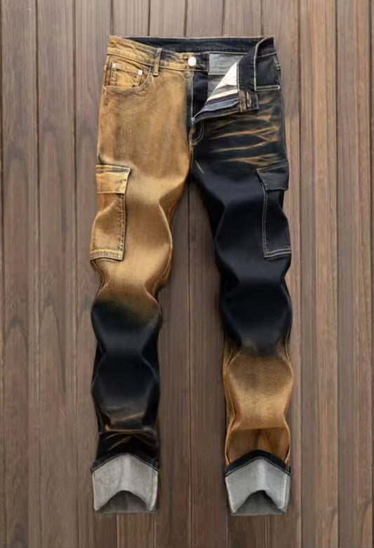 🔥 Black & Gold Two-Tone Cargo Jeans – Streetwear Slim Fit Vintage Wash Denim for Men