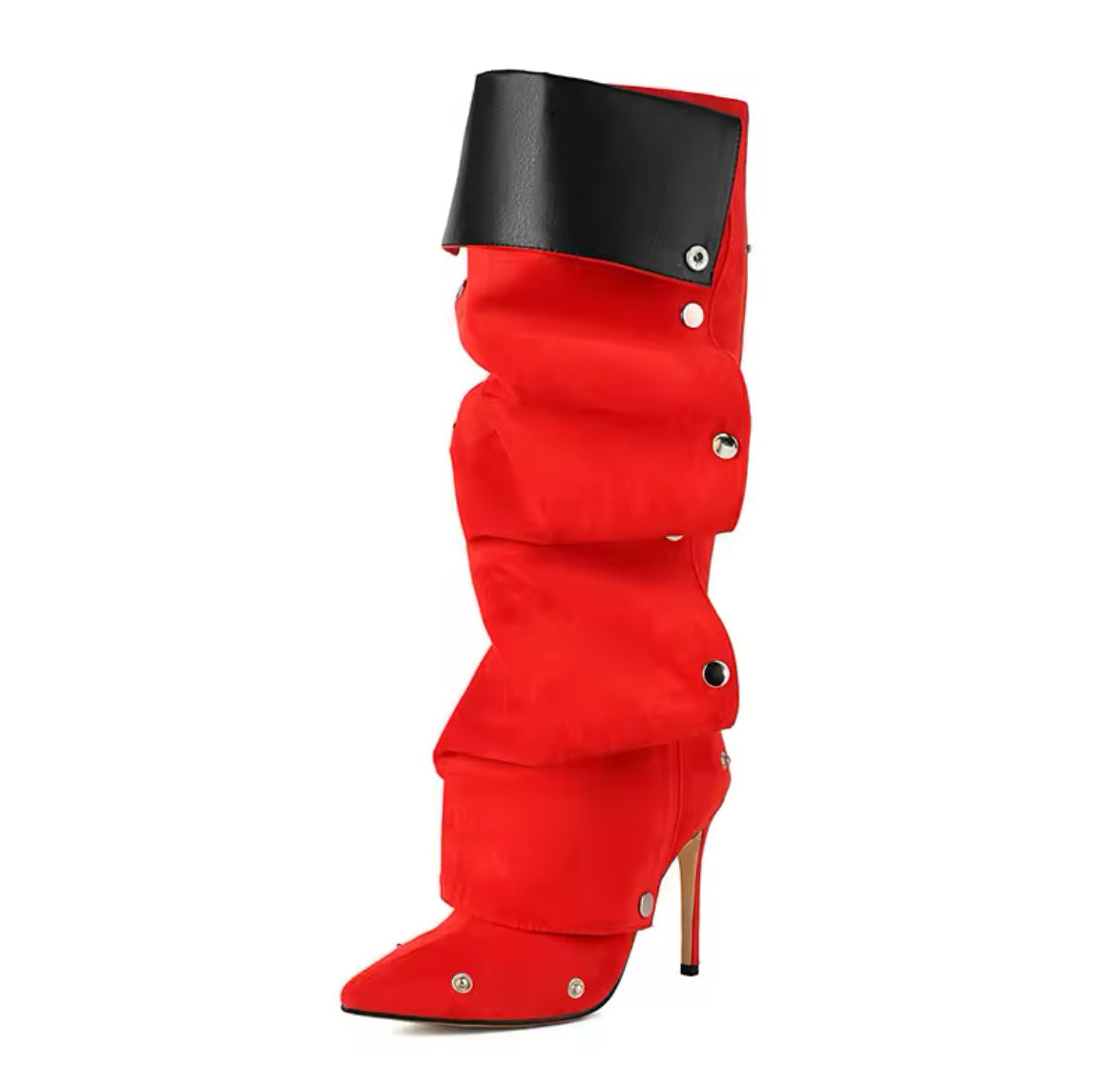 New Pointy Toe Studded Wrinkle Runway Stiletto Knee-High Boots