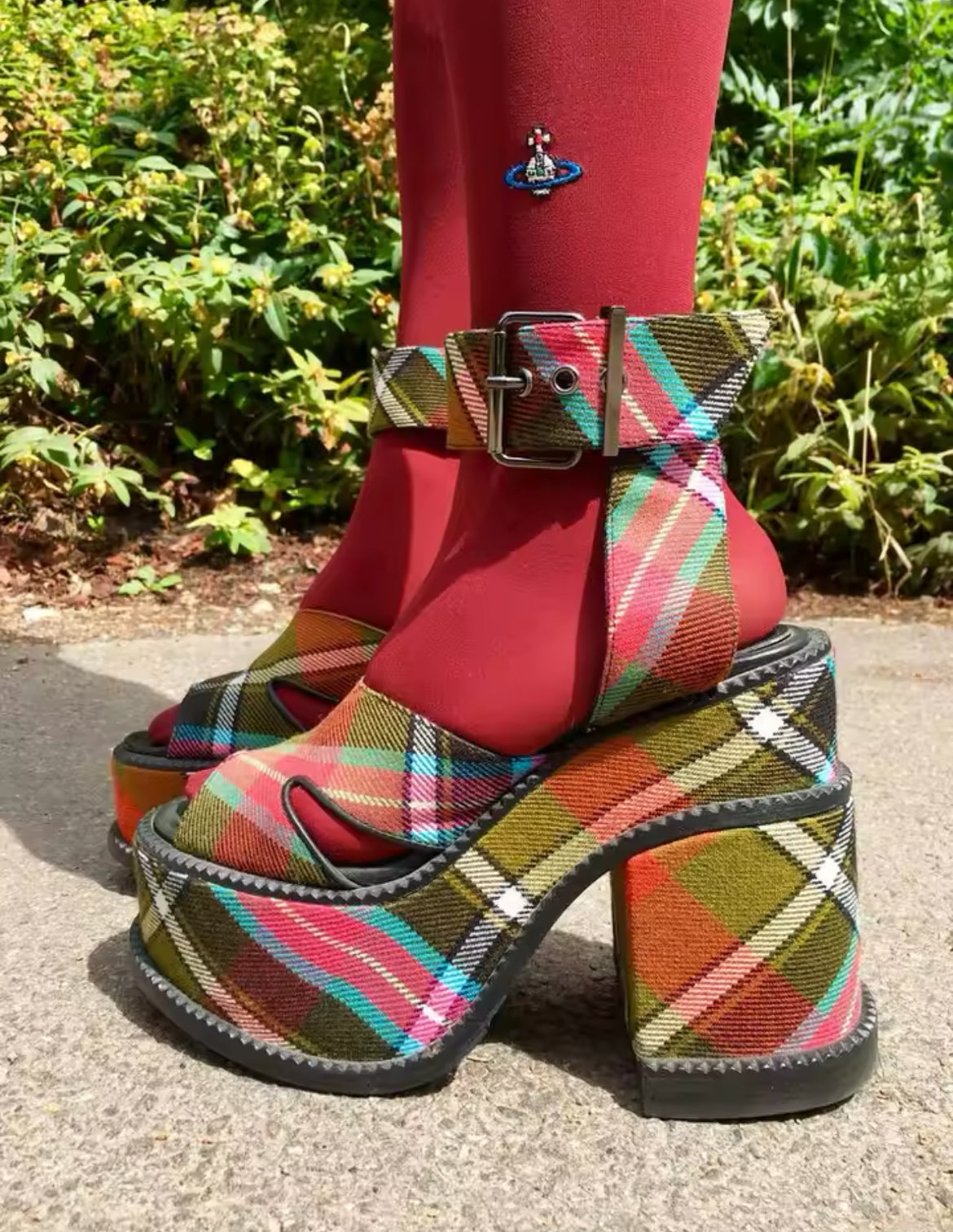 New Tartan Plaid Platform Chunky Heel Sandals - Multicolor Designer Runway Shoes with Ankle Strap