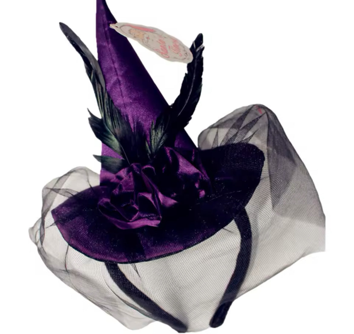 “Enchanting Purple Green Or Black Feathered Witch Hat with Veil – Perfect for Costumes & Cosplay”