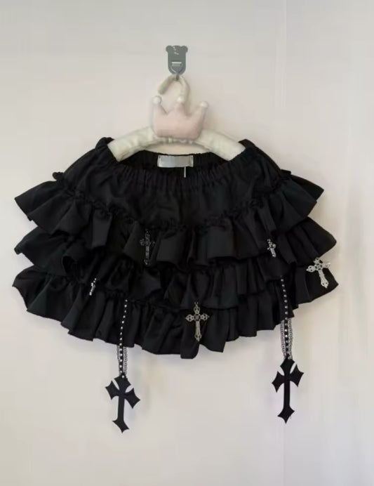 New Ruffled Layered Gothic Style Cross Mini Skirt