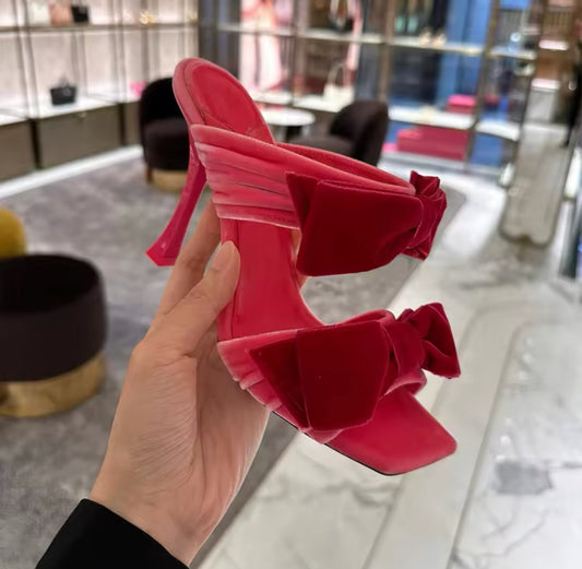 Velvet Bow Heels Square Toe Sandals – Black, Pink, Red