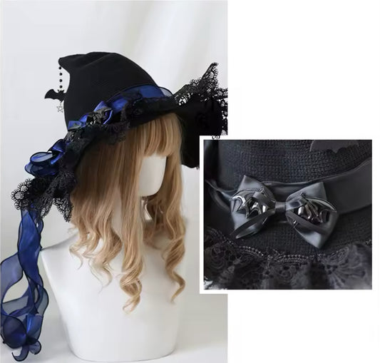“Enchanted Moonlit Witch Hat – Lace Trimmed with Satin Bows and Mystical Charms”