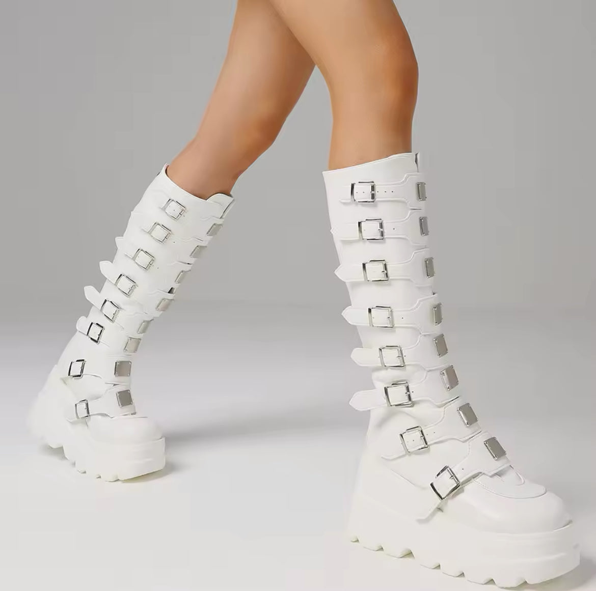 Gothic Buckle Platform Boots – Punk Streetwear Knee-High Statement Shoes