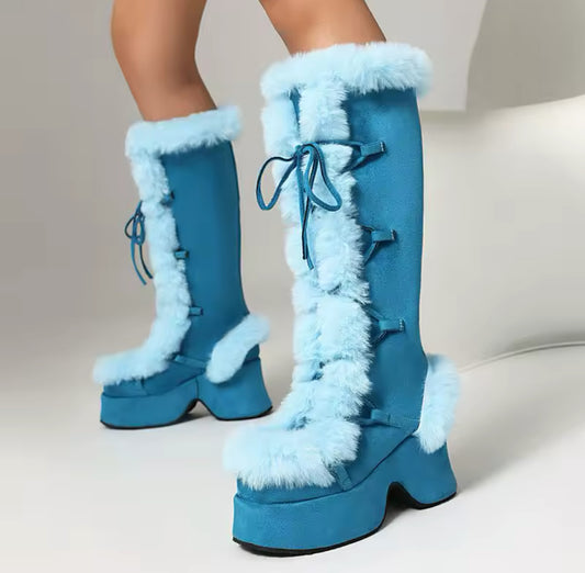 New Faux Fur Platform Knee- High Cozy Gothic Warm Chunky Boots