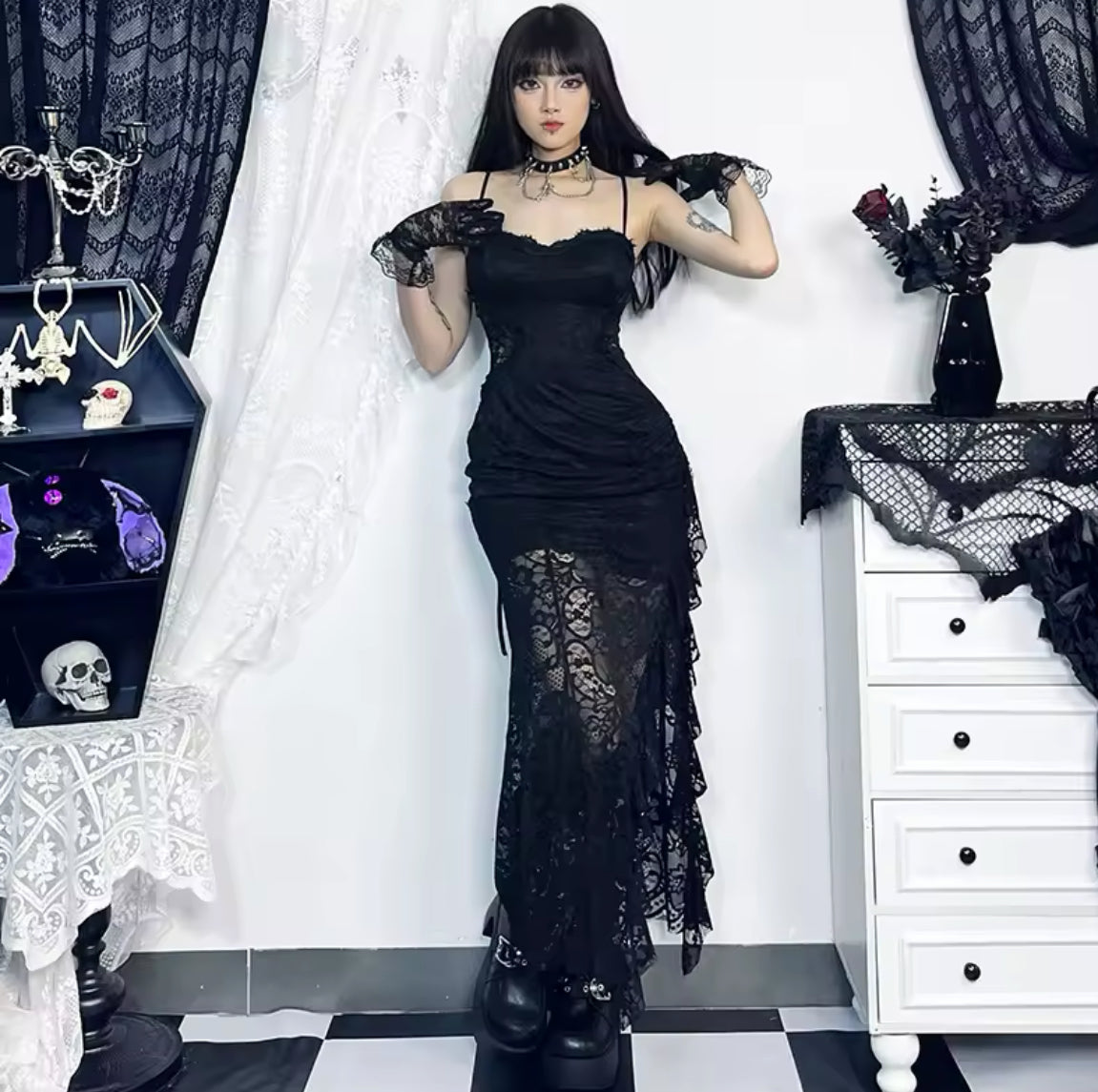 Dark Enchantress Gothic Lace Dress & Bell Sleeve Shawl “Vintage-Inspired Elegance”