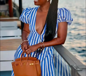 Bold in Blue | Deep V Puff Sleeve Maxi Dress
