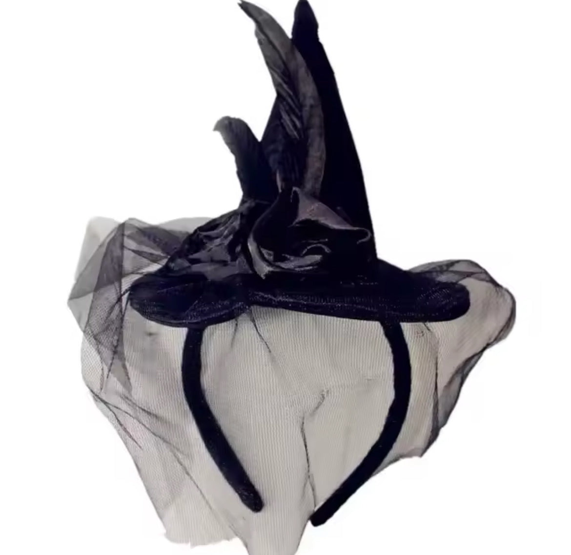 “Enchanting Purple Green Or Black Feathered Witch Hat with Veil – Perfect for Costumes & Cosplay”