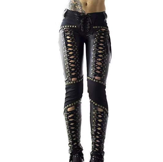 Punk Rock Lace-Up Studded Leather Pants Bold Gothic Statement