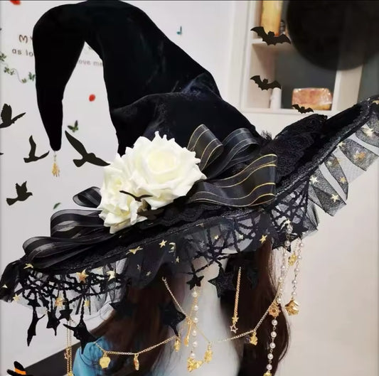“Starlit Enchantment Witch Hat – Lace, Ribbons, and Celestial Accents” Magickal & Alluring