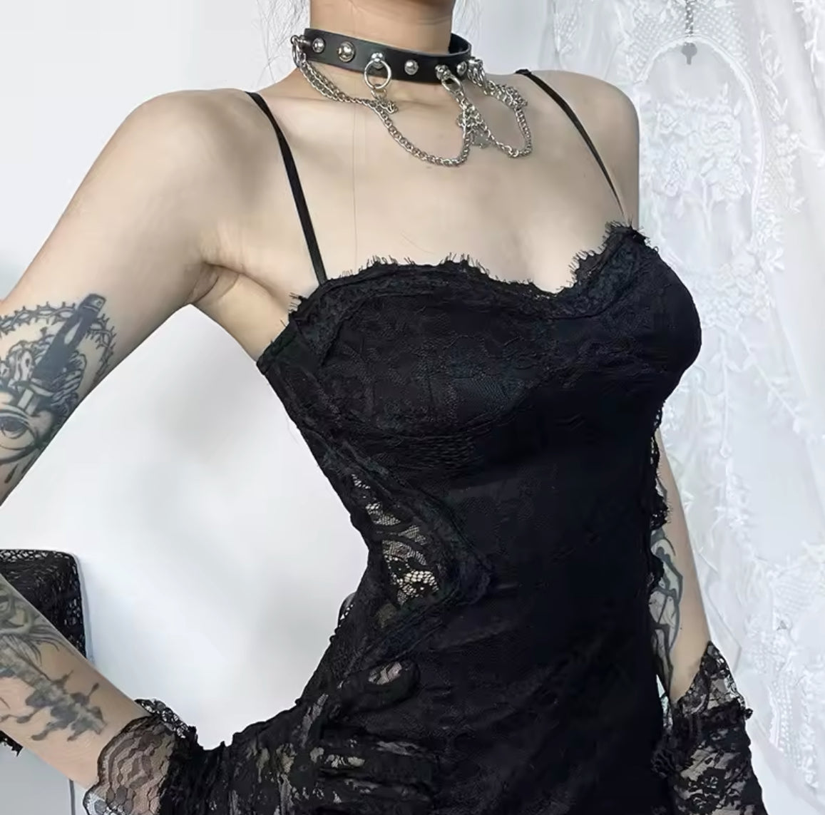 Dark Enchantress Gothic Lace Dress & Bell Sleeve Shawl “Vintage-Inspired Elegance”