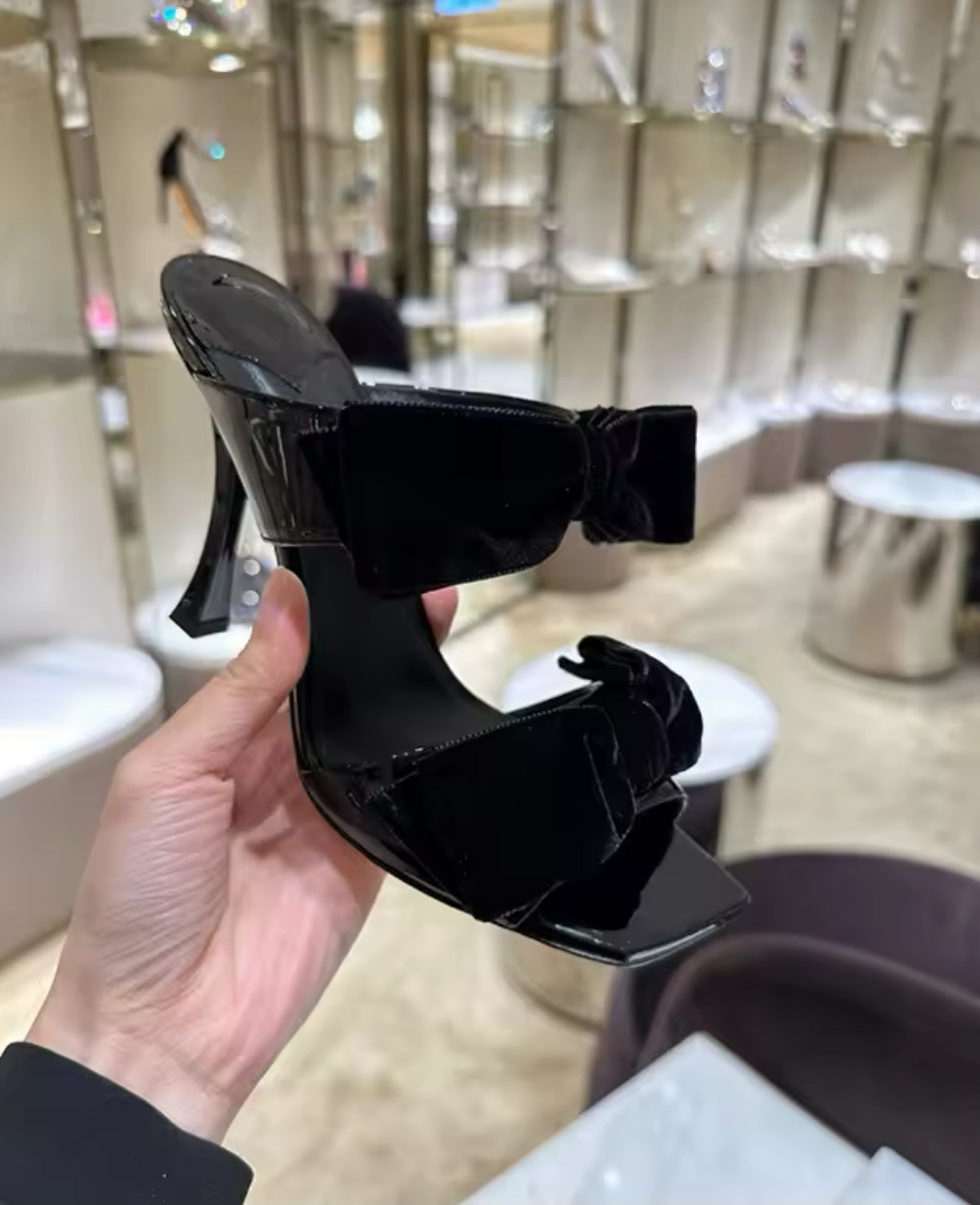 Velvet Bow Heels Square Toe Sandals – Black, Pink, Red