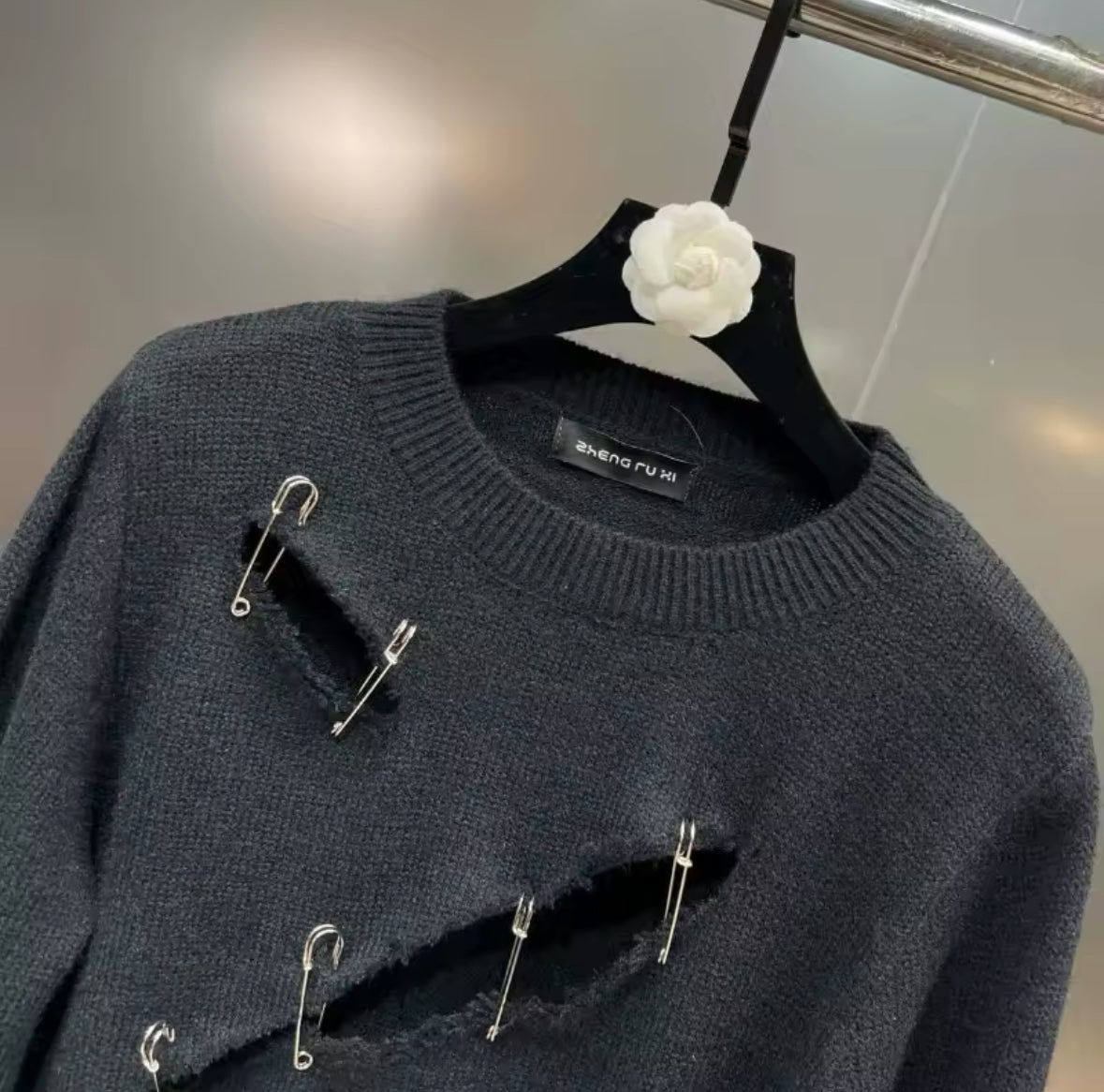 New Edgy Punk Gothic Safety Pin Black Sweater Distressed Grunge Aesthetic Look