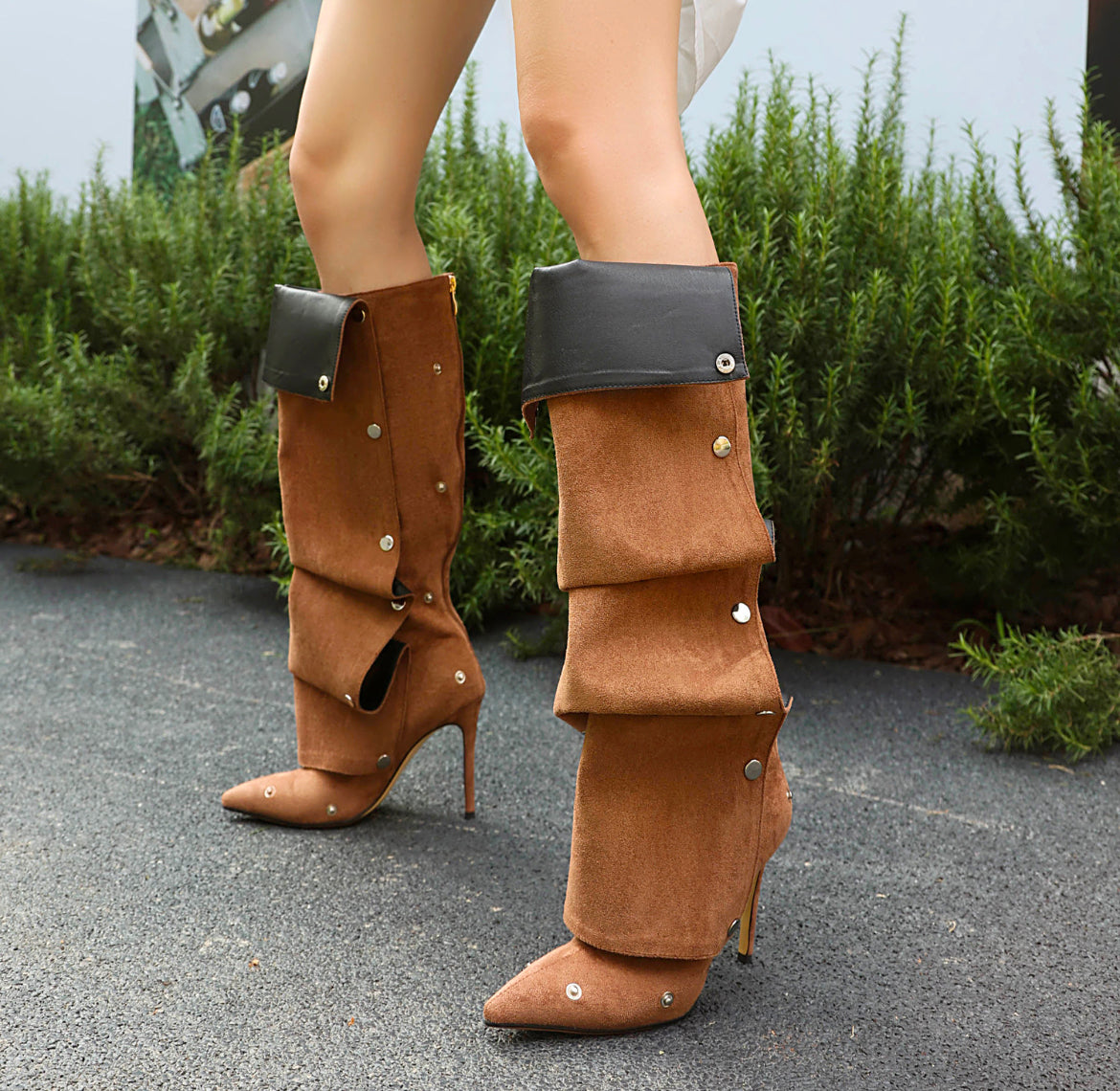 New Pointy Toe Studded Wrinkle Runway Stiletto Knee-High Boots