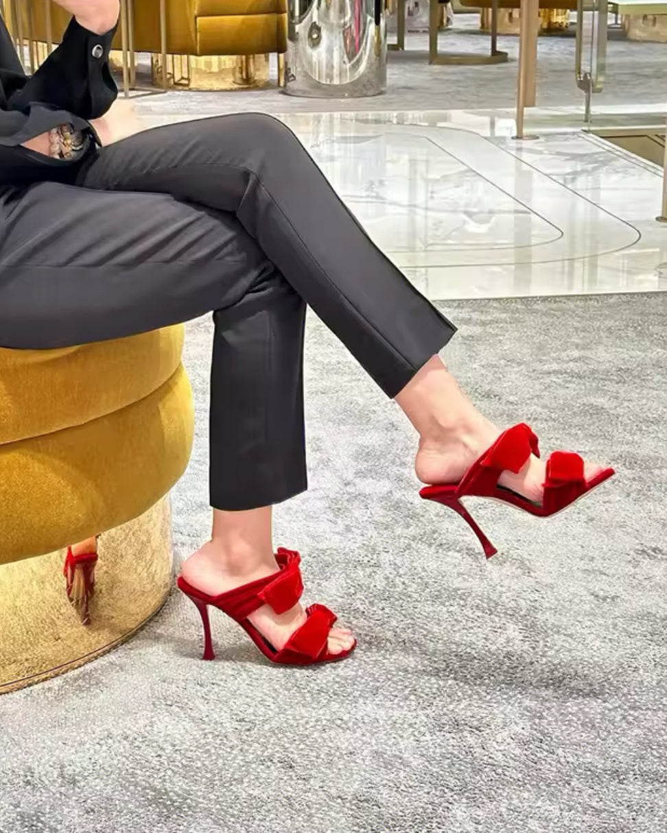 Velvet Bow Heels Square Toe Sandals – Black, Pink, Red