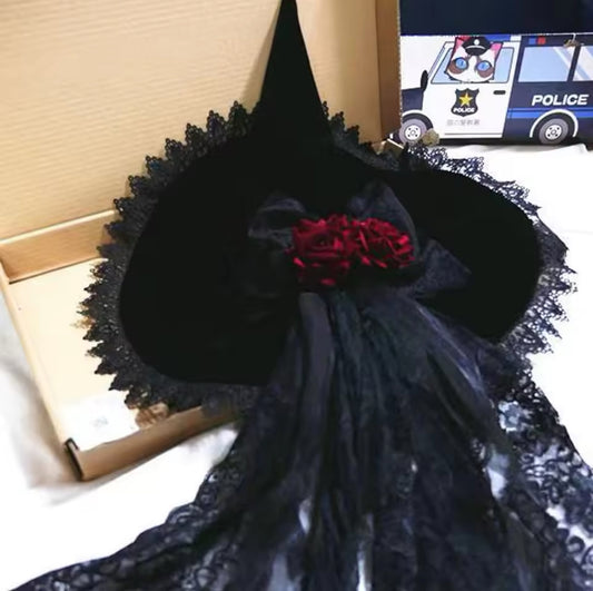 “Velvet Enchanting Midnight Witch Hat – Roses, Lace, and Enchanting Elegance”