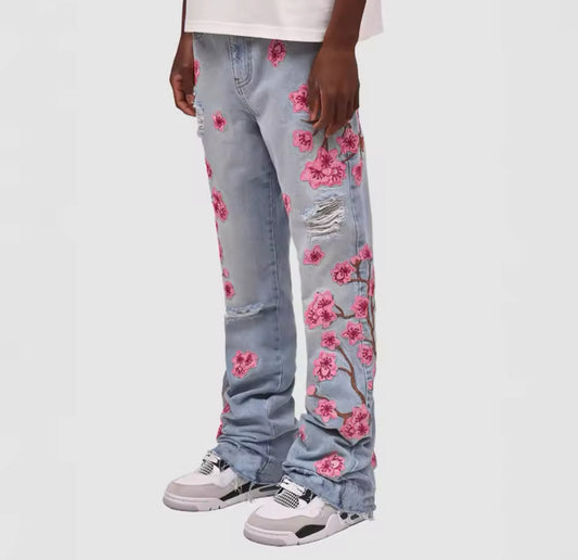 New Mens Cherry Blossom Embroidered Denim Jeans Distressed Floral Straight-Leg Pants