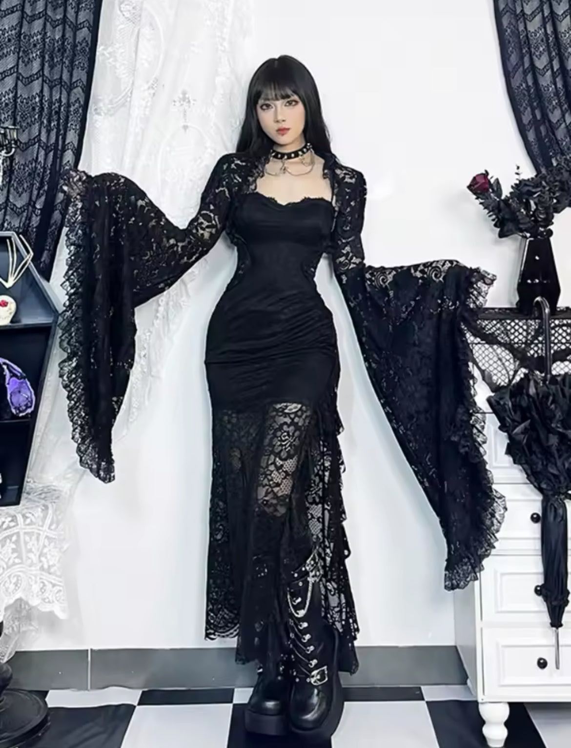 Dark Enchantress Gothic Lace Dress & Bell Sleeve Shawl “Vintage-Inspired Elegance”