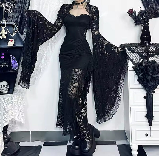 Dark Enchantress Gothic Lace Dress & Bell Sleeve Shawl “Vintage-Inspired Elegance”