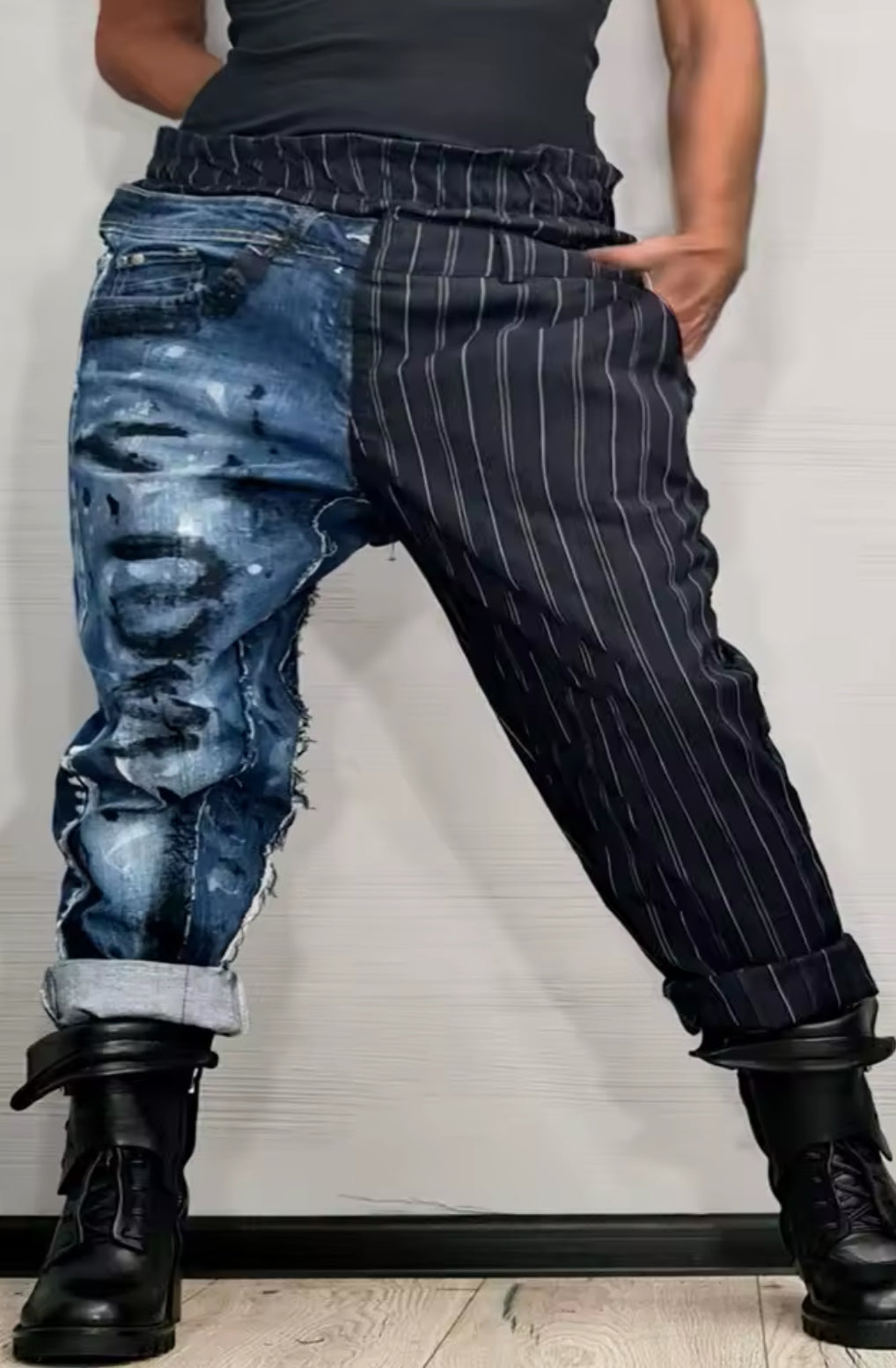 New Veil & Vogue Pinstriped Plus-Size Split Jean Pants
