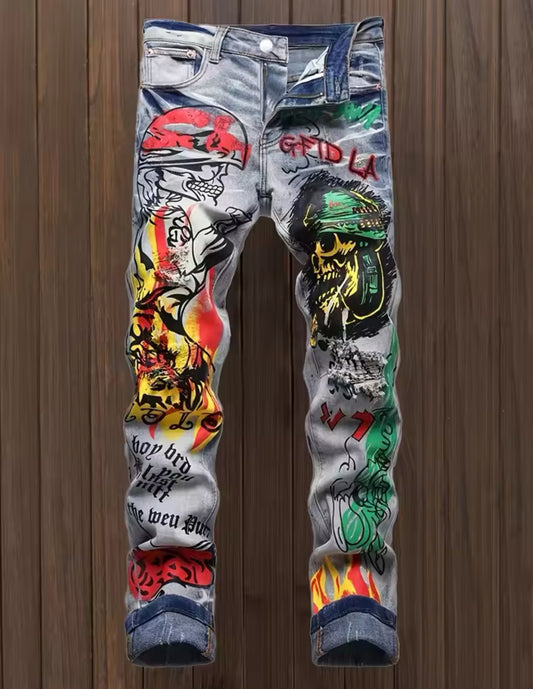 Hot New Rebel Skull Graffiti Slim Fit Jeans Edgy Streetwear Denim