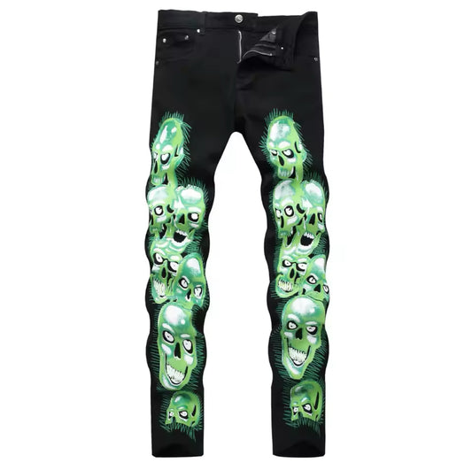 New Mens Gothic Skull Embroidered Jeans Slim Fit Streetwear Denim with Green Skull Graphic Print