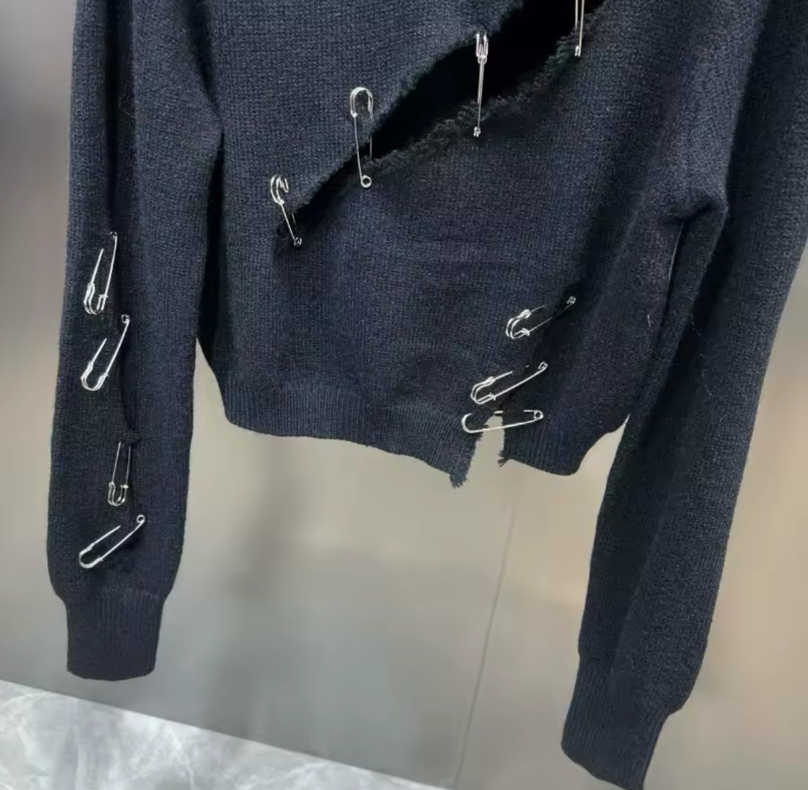 New Edgy Punk Gothic Safety Pin Black Sweater Distressed Grunge Aesthetic Look