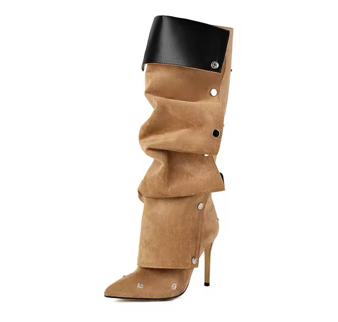 New Pointy Toe Studded Wrinkle Runway Stiletto Knee-High Boots