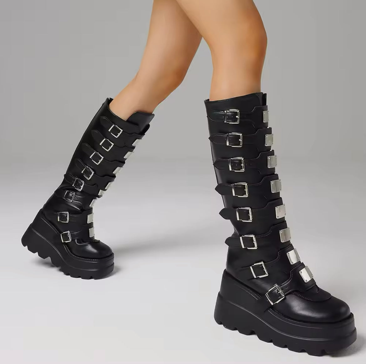 Gothic Buckle Platform Boots – Punk Streetwear Knee-High Statement Shoes
