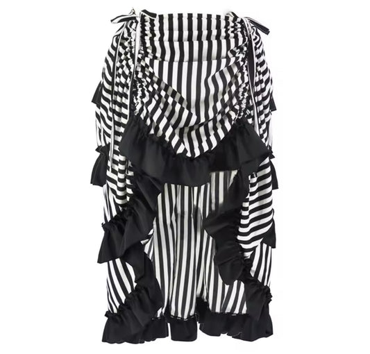 New Gothic Pinstriped High-Rise Ruffled Trimmed Vogue Skirt
