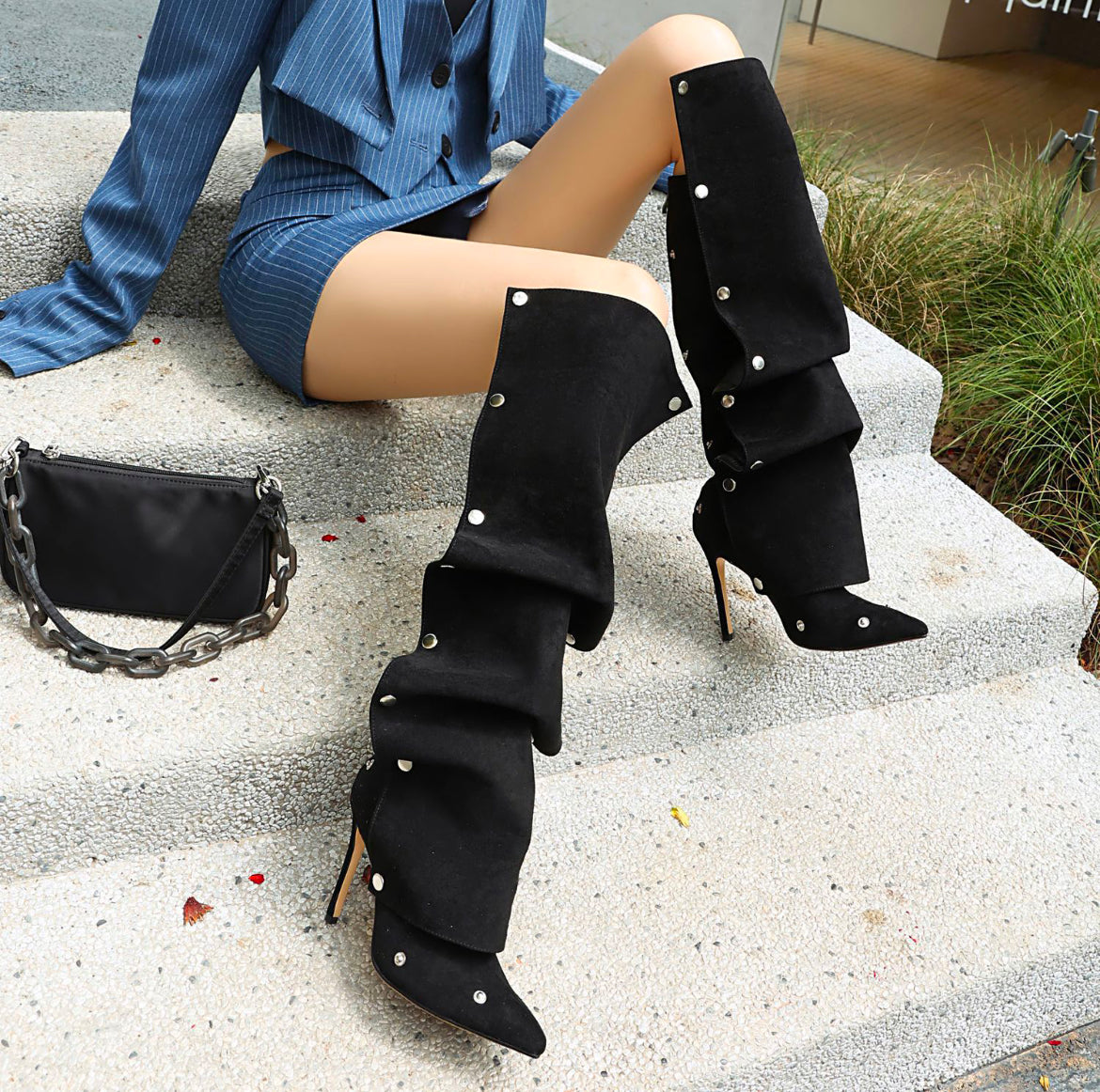 New Pointy Toe Studded Wrinkle Runway Stiletto Knee-High Boots