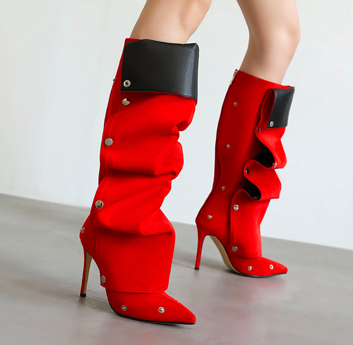 New Pointy Toe Studded Wrinkle Runway Stiletto Knee-High Boots