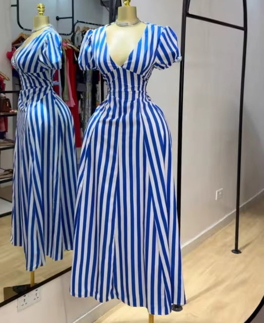 Bold in Blue | Deep V Puff Sleeve Maxi Dress