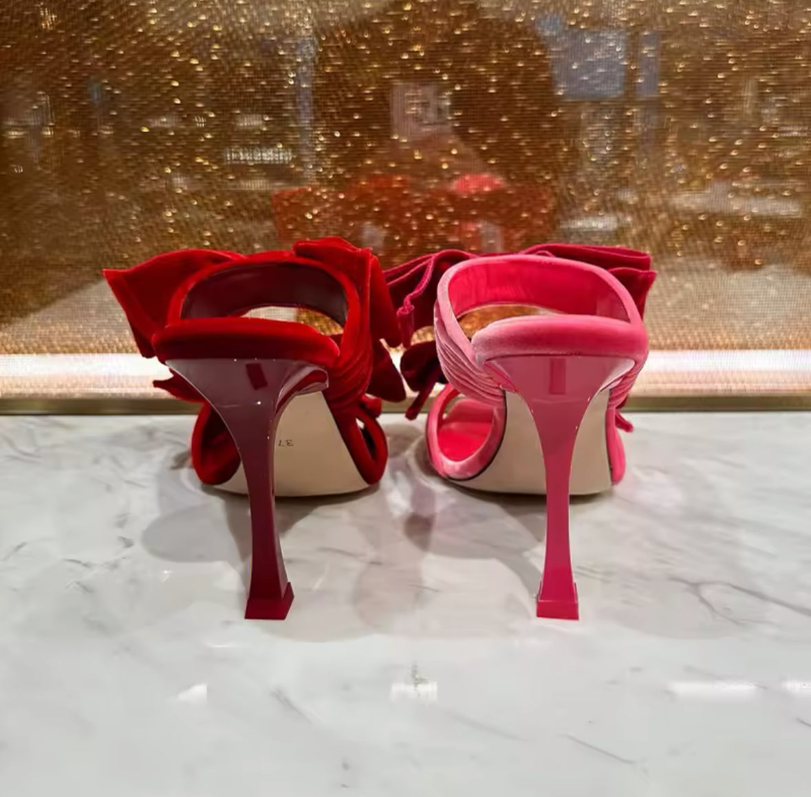 Velvet Bow Heels Square Toe Sandals – Black, Pink, Red