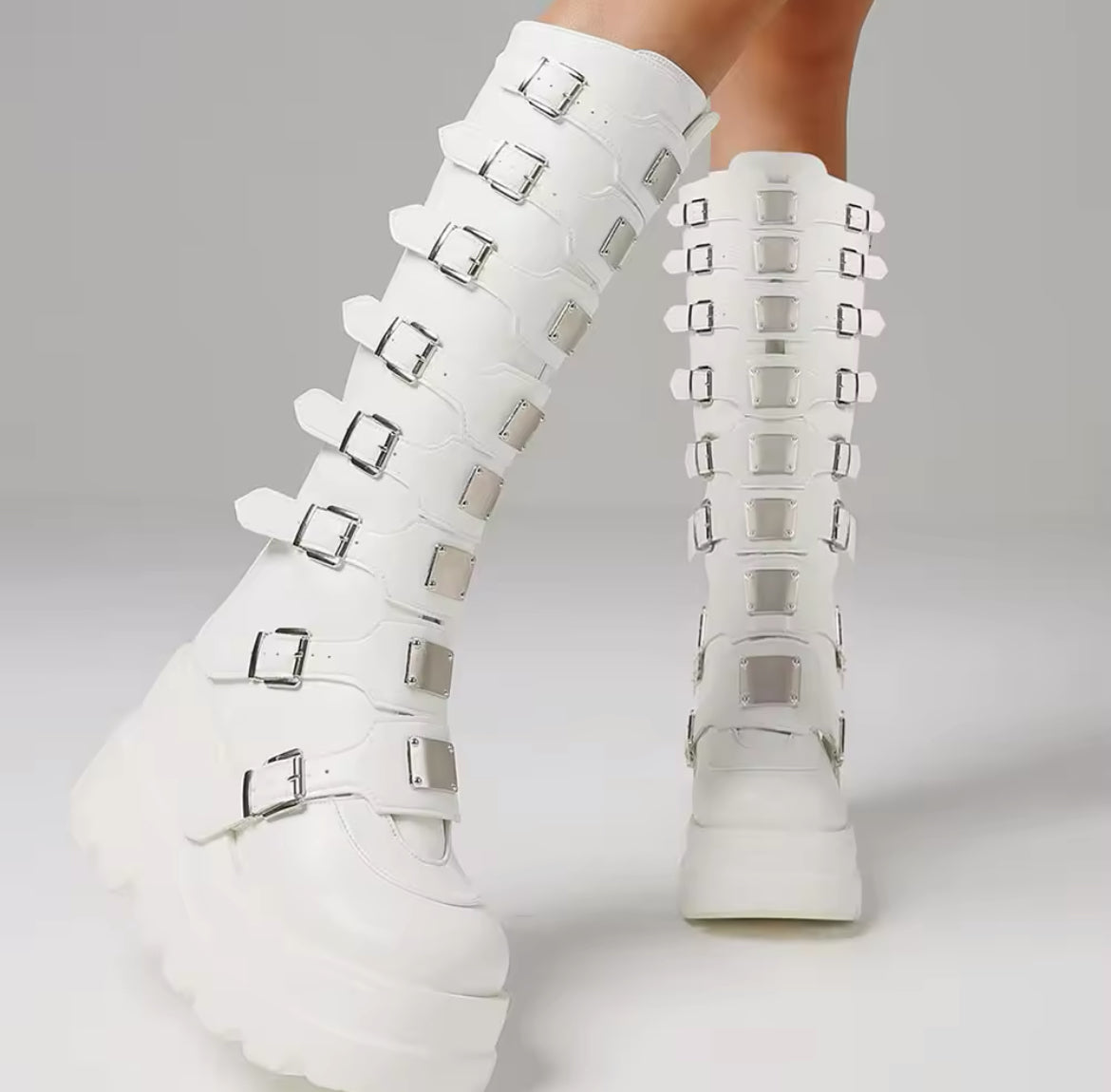 Gothic Buckle Platform Boots – Punk Streetwear Knee-High Statement Shoes