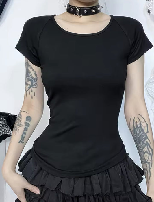 New Black Mesh Back Gothic Print Women’s T-Shirts Two Styles