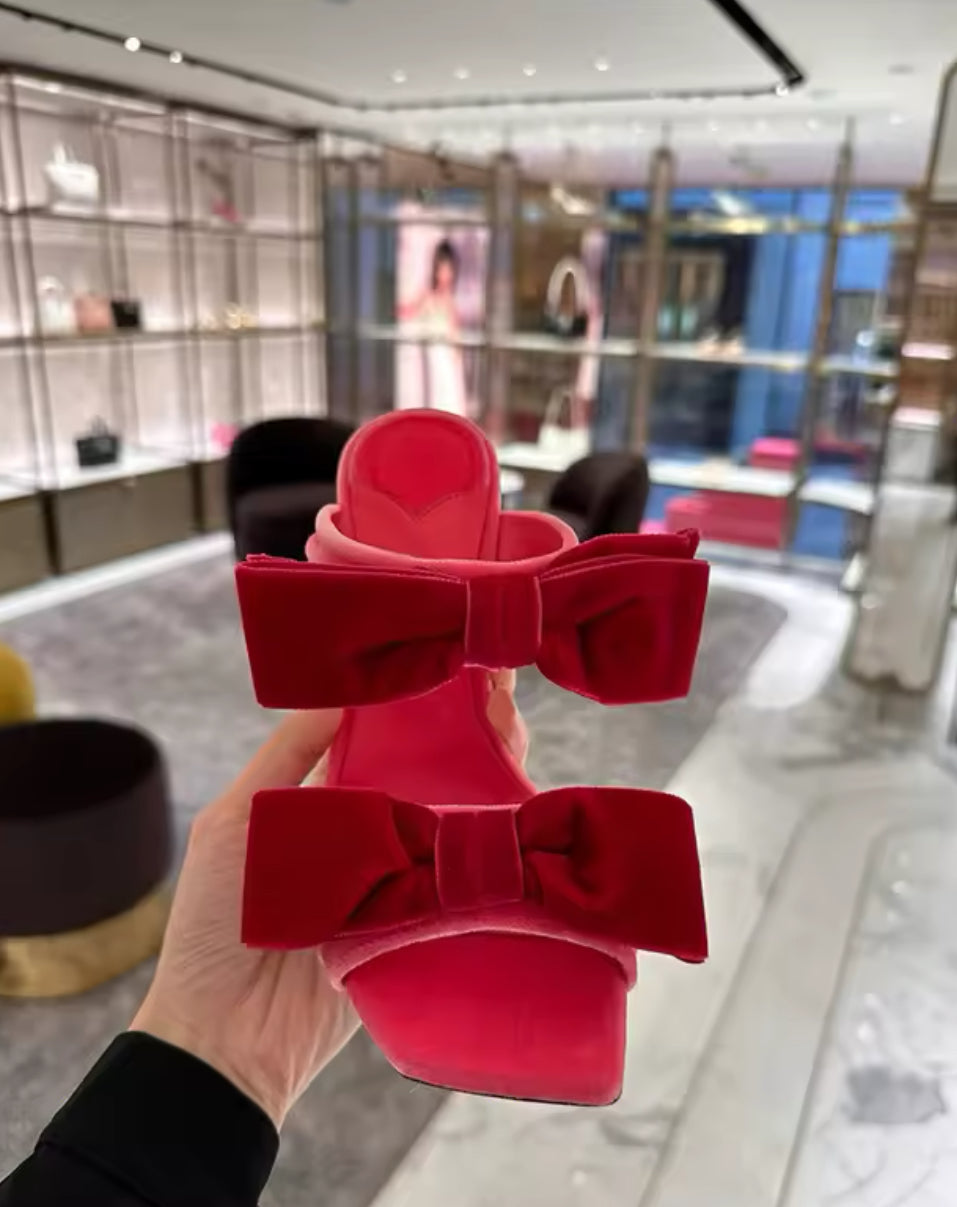 Velvet Bow Heels Square Toe Sandals – Black, Pink, Red
