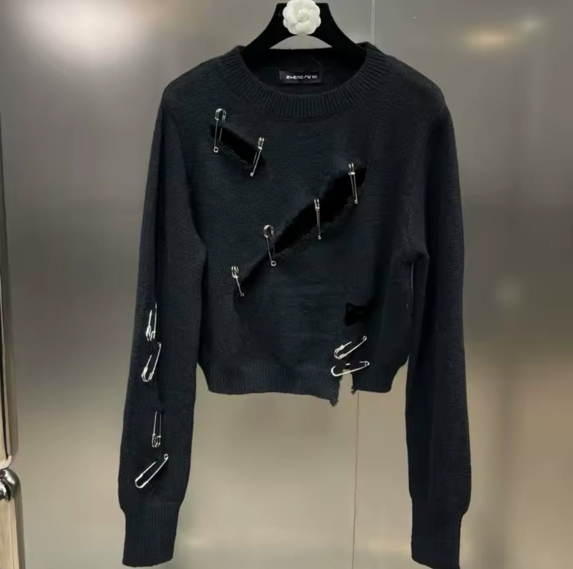 New Edgy Punk Gothic Safety Pin Black Sweater Distressed Grunge Aesthetic Look