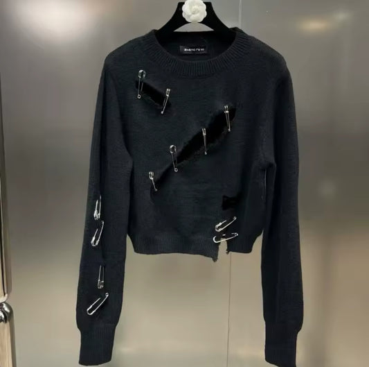 New Edgy Punk Gothic Safety Pin Black Sweater Distressed Grunge Aesthetic Look