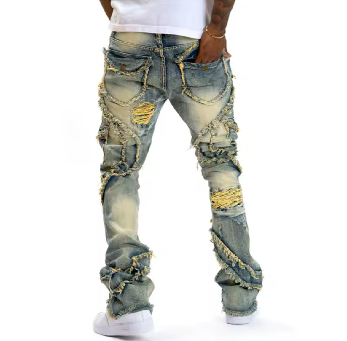 Mens Streetwear Distressed Flare Jeans Retro Patchwork Denim with Frayed Spiral Detailing