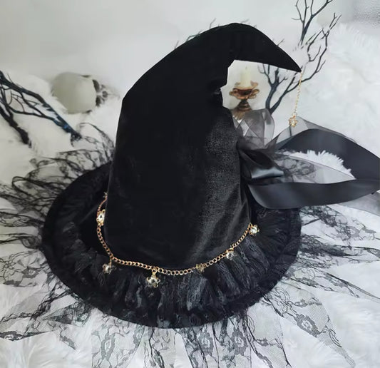 “Celestial Charm Lace Witch Hat – Handmade Velvet with Gold Magickal Charm Accents”
