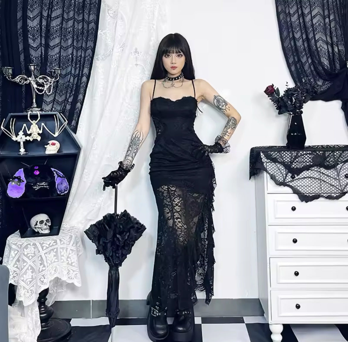 Dark Enchantress Gothic Lace Dress & Bell Sleeve Shawl “Vintage-Inspired Elegance”