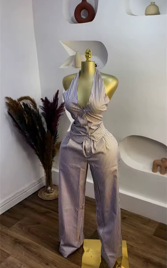 New Gorgeous Starlight Stripè Two-Piece Pinstriped Pant Set