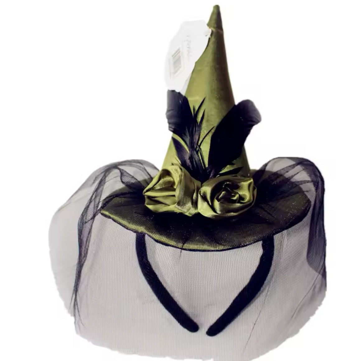 “Enchanting Purple Green Or Black Feathered Witch Hat with Veil – Perfect for Costumes & Cosplay”
