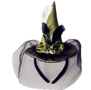 “Enchanting Purple Green Or Black Feathered Witch Hat with Veil – Perfect for Costumes & Cosplay”