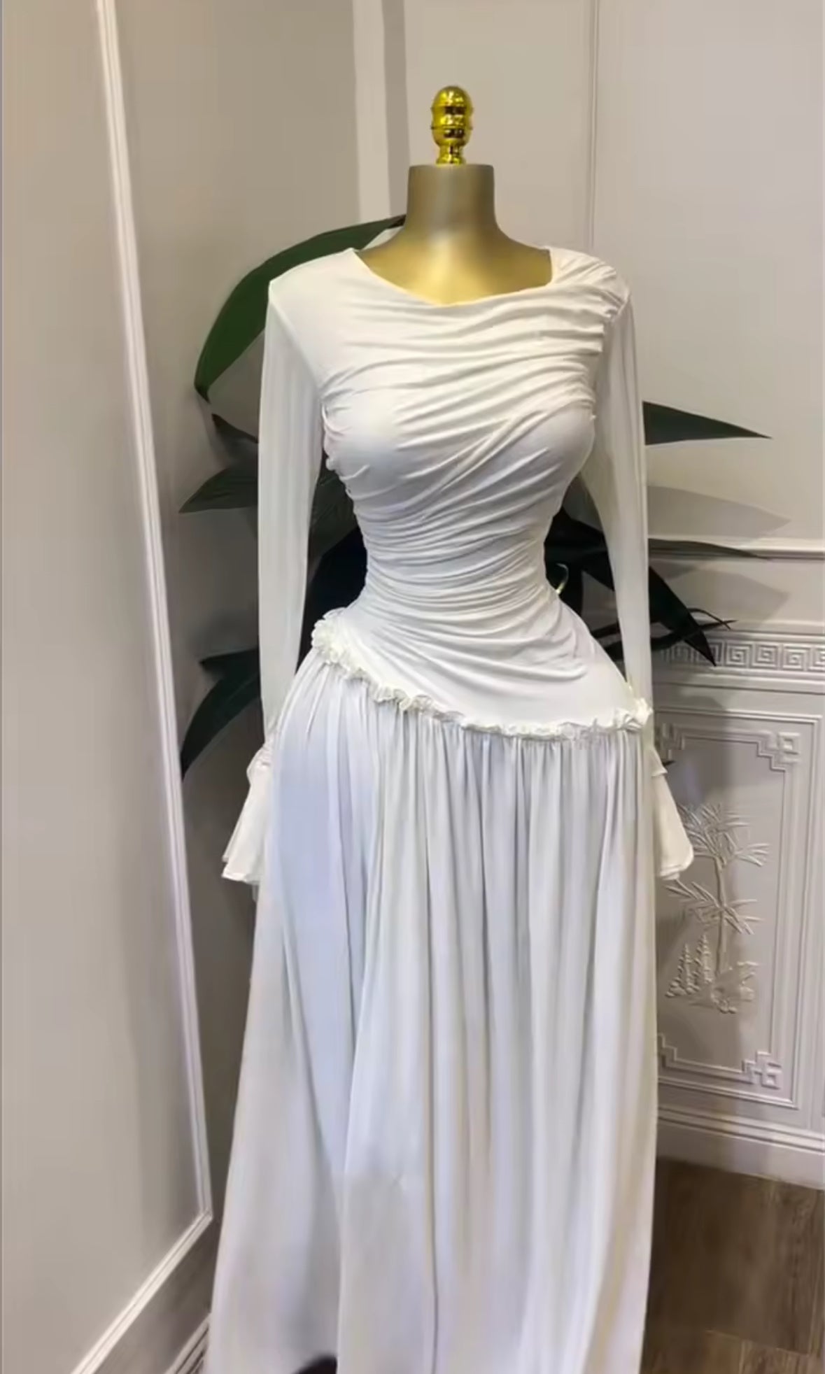 New Ethereal Elegance Ruched Maxi Dress – White