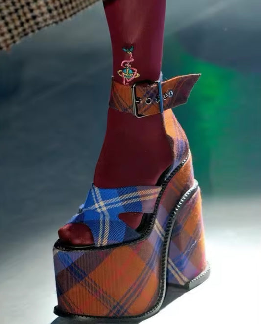New Tartan Plaid Platform Chunky Heel Sandals - Multicolor Designer Runway Shoes with Ankle Strap